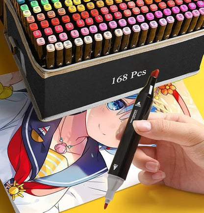 168 Colors Alcohol Markers Artist Drawing Art Dual Tip Markers Perfect for Kids Students Adult(168 Black Shell)