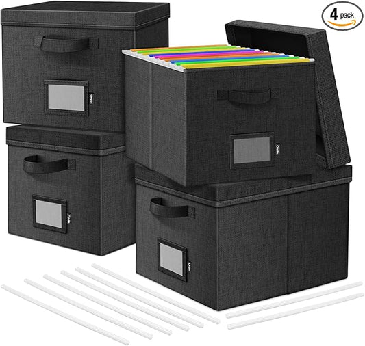 File Organizer Boxes with Lid, Linen Hanging File Storage Boxes with Handle, Collapsible Document Filling Boxes for Letter/Legal Folder, Portable File Box for Office/Decor/Home (4 Pack, Black)