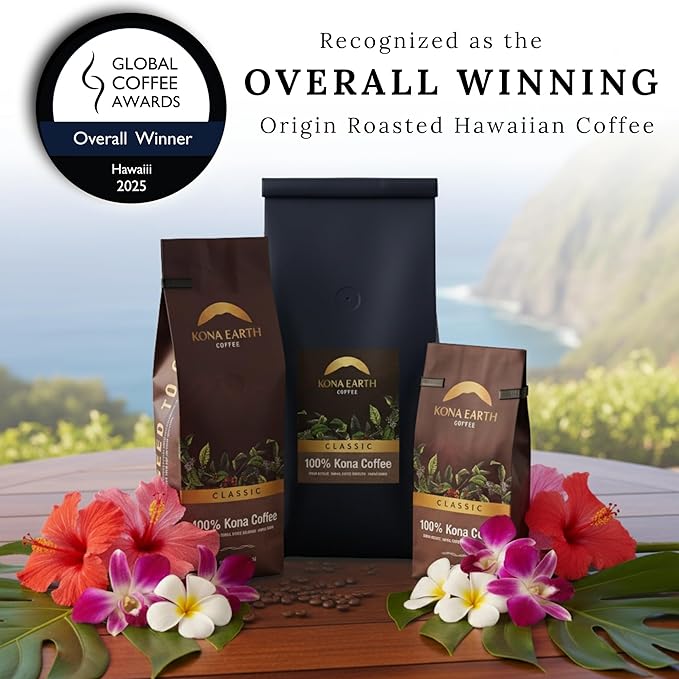 KONA EARTH 100% Kona Classic Coffee, Dark Roast, Whole Bean (8oz) Farm-Direct Authentic Hawaiian Kona Coffee beans from Hawaii’s Big Island, Micro-Batch-Roasted