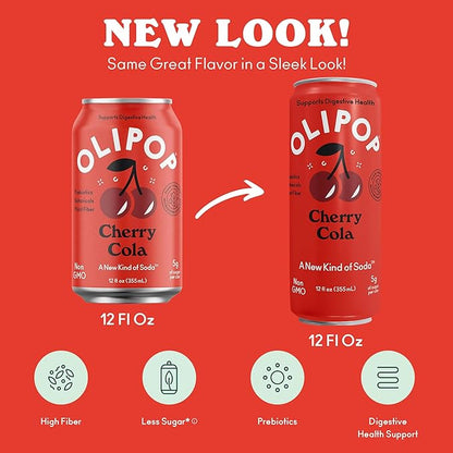OLIPOP Prebiotic Soda Pop, Cherry Cola, Pantry Pack Packed with Prebiotics, Fiber, and Botanicals, Gluten Free, Vegan, GMO Free, 12oz Skinny (12-Cans)