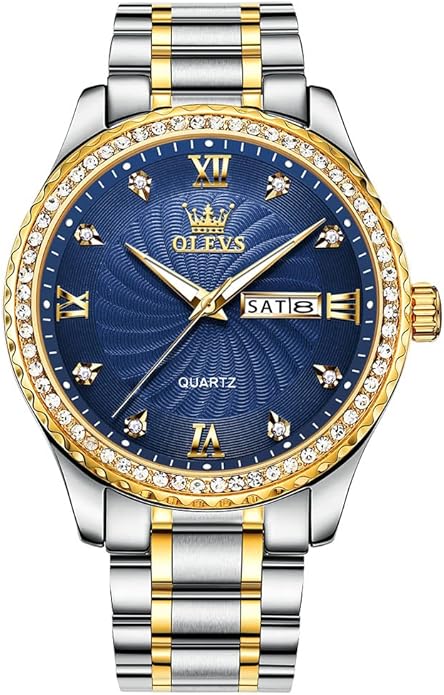 Men's Casual Stainless Steel Watch, Big Face Easy to Read Analog Quartz Watch with Day and Date, Classic Waterproof Diamond Roman Arabic Numerals Dial Dress Watch for Men, Gold Silver Black Band