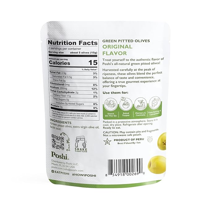 Poshi Green Olives On-The-Go - Original Flavor - Single Serve Pitted Olives - Convenient and Healthy Snack Packs - All Natural, Non-GMO, Kosher, Gluten-Free - 1.1 Oz Bags (30/Pack)
