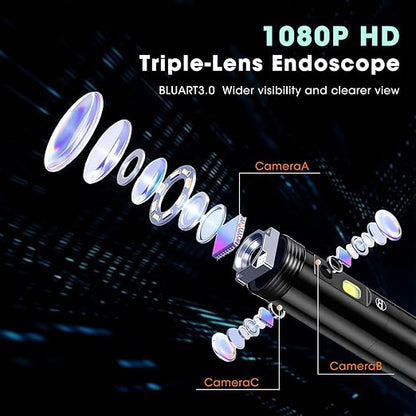 Triple Lens Endoscope Camera with Light- 5" 1080P HD Handheld Borescope with 50FT Semi-Rigid Cable, Waterproof Sewer Inspection Camera with 32GB Card, Drain Plumbing Camera & Gifts for Men