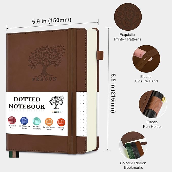 Dotted Journal Notebook for Men & Women, 160 Pages Dot Grid notebook for Note Taking, Bullet Journaling Notebook for Work, School, Travel, Writing, A5 Hardcover 5.9" x 8.5"(Brown)