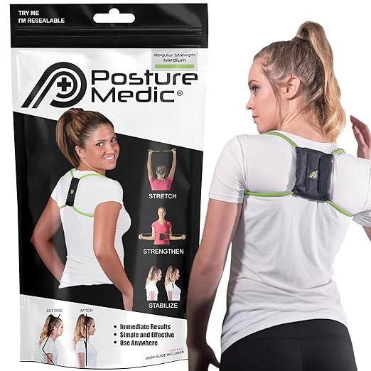 PRIMEKINETIX PostureMedic Posture Corrector for Men & Women - Back Brace for Hunchback Kyphosis Tech Neck - Dynamic Resistance Training Strengthens Back Muscles - Doctor Recommended - Green - Medium