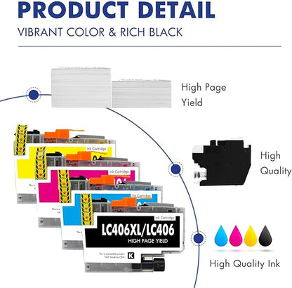 LC406 LC406XL Ink Cartridges for Brother Printer for Brother LC406 Ink Cartridges MFC-J4335DW MFC-J5855DW MFC-J6555DW MFC-J4535DW MFC-J6955DW (4 Pack Black Cyan Magenta Yellow)