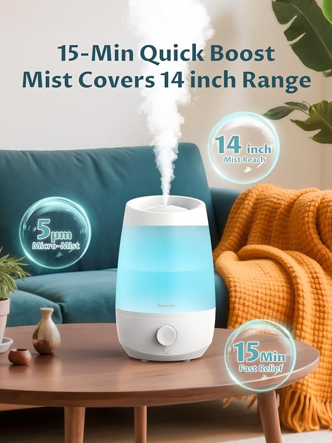 BREEZOME Humidifiers for Bedroom, 2.5L Humidifiers for Home, 250ml/h Mist Output, 7 Adjustable LED,25hrs Essential Oil Diffuser, 25dB Top Fill Ultrasonic Humidifier for Baby and Indoor Plants, White