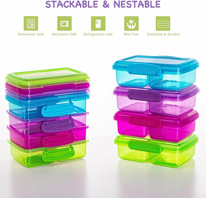4 Pack Reusable Snack Containers with Lids, 2-Compartment Bento Boxes for Kids, Lightweight & Stackable Food Containers, Dishwasher Safe & Refrigerator Safe (4 Colors)