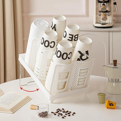 Paper Cup Dispenser, Cup and Lid Holder with 6 Slots, Disposable Coffee Cup Storage Organizer for Countertop, Office, Home, Breakroom, Restaurant, Coffee Station (White)