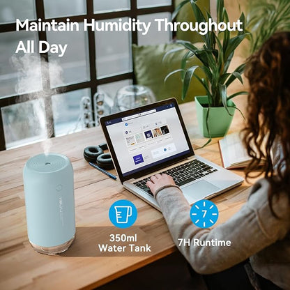 Portable Mini Humidifier, KQLKJ 350ml Small Cool Mist Humidifiers, USB Personal Desktop Humidifier for Bedroom Car Office Travel with Auto Shut-Off & 2 Mist Modes (Blue)