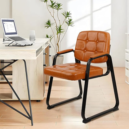 CLATINA Office Guest Chair, Leather Reception Chairs with Padded Arms, Desk Chair No Wheels Stationary for Conference Lobby Waiting Room Training Side Elderly, Set of 6-Orange