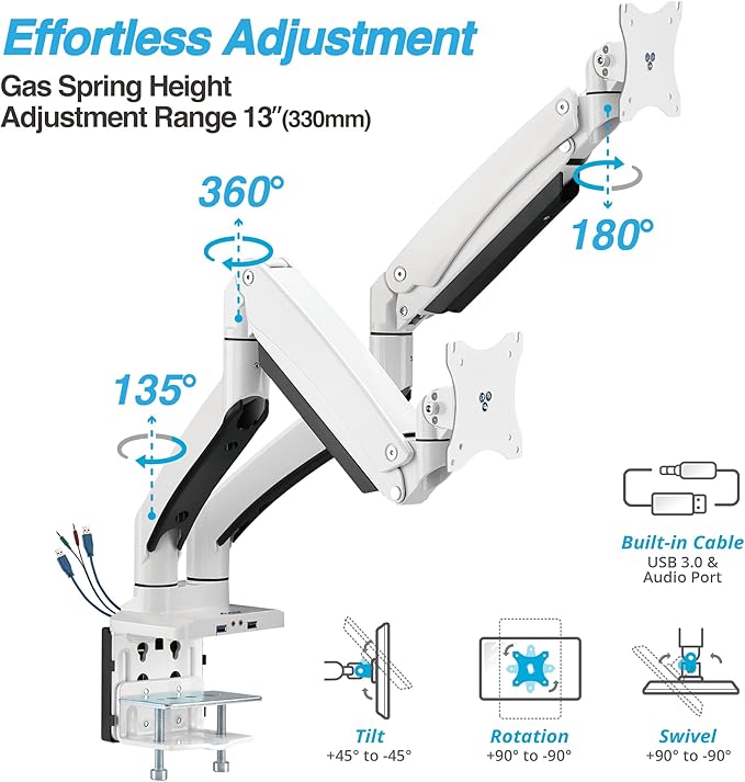 AVLT Dual 13"-43" Monitor Arm - Desk Mount for Two Flat/Curved Monitors - Full Motion Height Swivel Tilt Rotation Adjustable - White/VESA/C-Clamp/Grommet/Cable Management