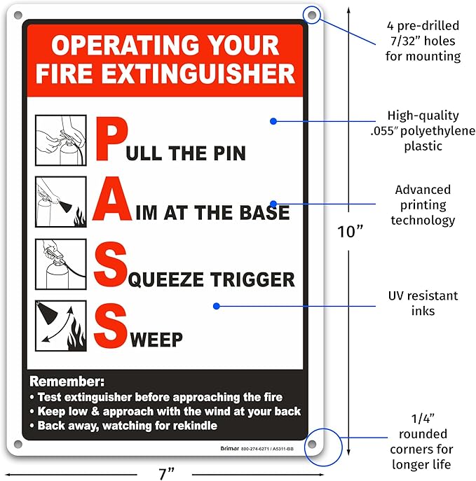 Brimar - 7 x 10" - Operating Your Fire Extinguisher Sign - Polyethylene Plastic - Easy Installation - Versatile Use
