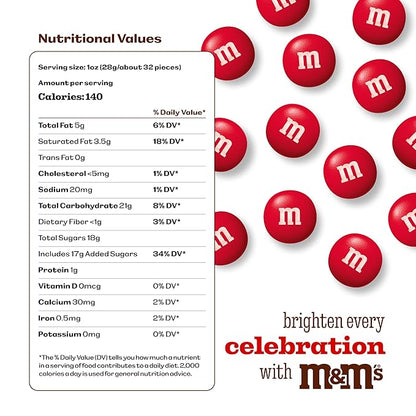 M&M’S WORLD Red Milk Chocolate Candy, 2lbs of M&M'S in Resealable Pack for Candy Bars, Birthday Parties, Christmas Chocolate, Valentine's Day, 4th of July, Dessert Tables & DIY Party Favors