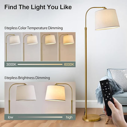 Oneach 62" Arc Floor Lamp for Living Rooms, Gold Tall Standing Lamps with Remote and Stepless Dimmable Bulb, Modern Reading Light for Bedrooms Corner Nursery Kid Office (Bulb Included)