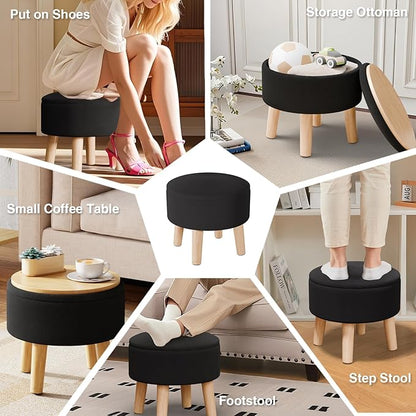 Poofzy Small Ottoman with Storage, Small Foot Stool Ottoman with Wood Legs, Velvet Foot Rest for Couch, Living Room and Bedroom - Black