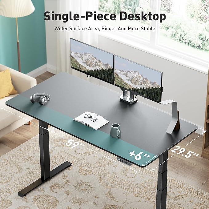 Pro 3 Stages Dual Motor 59 x 30 in Electric Standing Desk with One Piece Desktop, Adjustable Height, Sit to Stand Up Desk for Home Office, Work Study, Black Frame & Black Desktop (2 Packages)