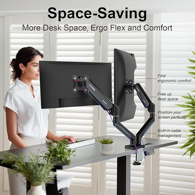 NearHub Dual Monitor Mount for Computer Screen 13-32" and Up to 22 lbs,360° Rotation,+90° to -45° Tilt,180° Swivel,with C Clamp and Grommet Base,Integrated Cable Management,75x75/100x100 VESA