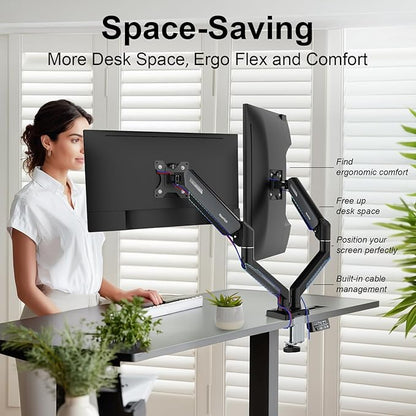 NearHub Dual Monitor Mount for Computer Screen 13-32" and Up to 22 lbs,360° Rotation,+90° to -45° Tilt,180° Swivel,with C Clamp and Grommet Base,Integrated Cable Management,75x75/100x100 VESA