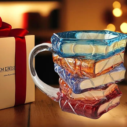 3D Painted Book Stack Glass Coffee Mug, 12 oz Colorful Heat-Resistant Cup, Christmas & Holiday Gifts for Books Lovers, Readers, Writers, Librarians, Book Club and Bookworm Fans