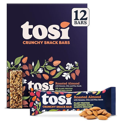 Tosi Nut Bars, Almond, Healthy Snacks for Adults & Kids, Plant Based Crunchy Bars (5G Protein), Organic Keto Snacks, Vegan, Gluten & Soy Free, Low Sugar, Omega 3s, 1oz, 12-Pack