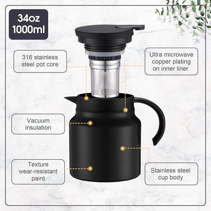 2 Pcs Thermal Coffee Carafe for Keeping Hot/Cold Stainless Steel Small Coffee Creamer Container Double Wall Vacuum Insulated Tea pot Beverage Dispenser for Milk Hot Chocolates(Black,34 oz)