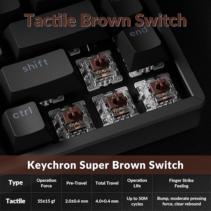 Keychron K2 75% Layout QMK Wireless and Wired Options Mechanical Keyboard Super Brown Switch, Paired with Shine-Through Double-Shot PBT Keycaps for Mac Windows-Version 3
