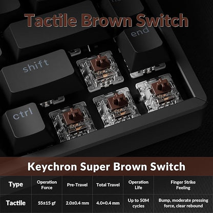Keychron K2 75% Layout QMK Wireless and Wired Options Mechanical Keyboard Super Brown Switch, Paired with Shine-Through Double-Shot PBT Keycaps for Mac Windows-Version 3