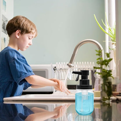 12oz Automatic Touch Sensor Foam Glass Soap Dispenser, Hands-Free Mason Jar Soap Dispenser, Refillable Lotion Bottle for Bathroom Kitchen Countertop (Batteries Not Included)
