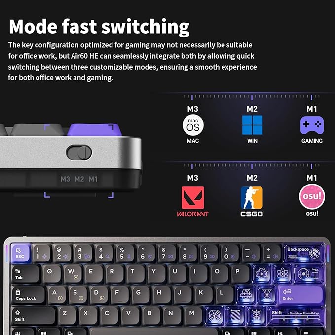 nuphy Air60 HE Rapid Trigger Wired Magnetic Gaming Keyboard,61 Keys 60% Compact,Actuation Point Adjustable, 8K Hz Polling Rate,Hall Effect Keyboard Low-Profile Magnetic Jade pro Switch
