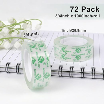 BOMEI PACK 72Rolls Crystal Clear Tape Refills, Bulk Transparent Tape for Dispenser, Office Tape for Home and School, 3/4Inch x 1000 inch