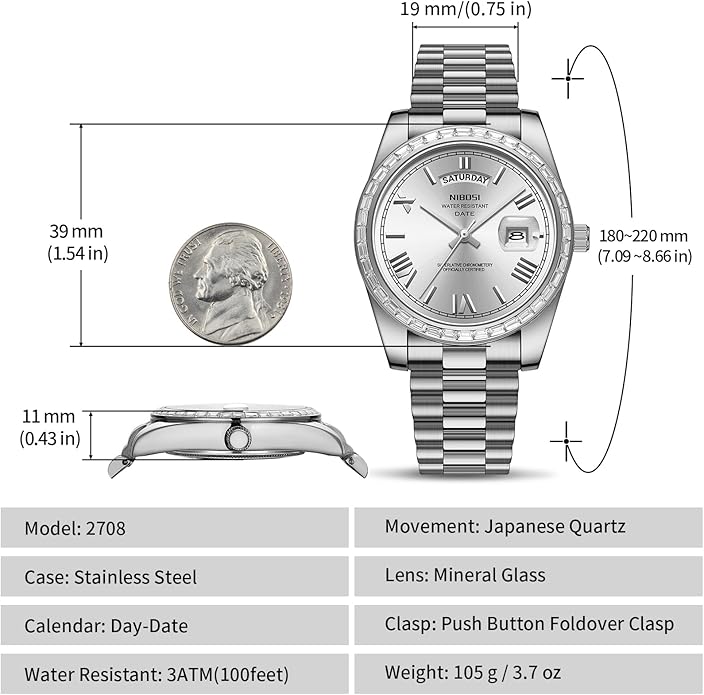 NIBOSI Men's Watches Analog Quartz Diamond Bezel Stainless Steel Dial Rose Gold Silver Watches for Men Waterproof Business Classic Dress Wrist Watch with Day Date