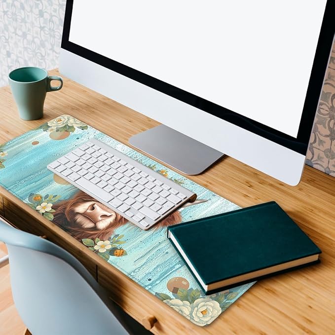 Highland Cow Desk Pad Mouse Pad Floral Farmhouse Flower Crown Mousepad XL Large Gaming Mouse Pad Laptop Keyboard Mat Desk Pad 31.5"x11.8"