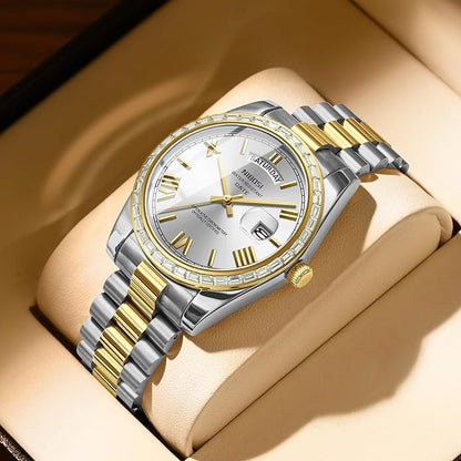 NIBOSI Men's Watches Analog Quartz Diamond Bezel Stainless Steel Dial Rose Gold Silver Watches for Men Waterproof Business Classic Dress Wrist Watch with Day Date