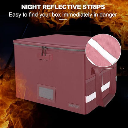 ENGPOW File Box with Lock, Fireproof Document Box with Zipper＆Pockets, Collapsible File Organizer Filing Storage Cabinet with Handle, Portable Home Office Safe for Hanging Letter/Legal Folder, Pink