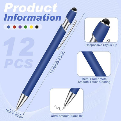 Tenare 12 Pieces Ballpoint Pen with Stylus Tip, 1.0 mm Black Ink Metal Pen 2 in 1 Stylus Pen for Touch Screens, Stylus Ballpoint Pen(Bright Color)