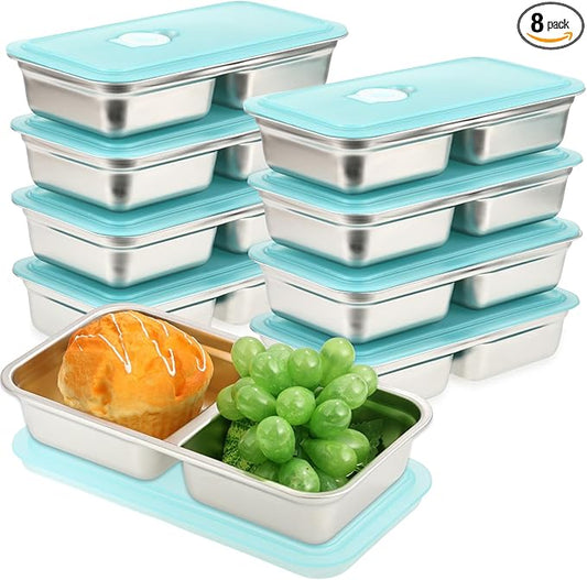 8 Pcs 30 oz Bento Boxes, 2 Compartments 304 Stainless Steel Food Storage Containers Snack Boxes with Leakproof Lids, Divided Meal Prep Lunch Box Food Container Dishwasher Safe