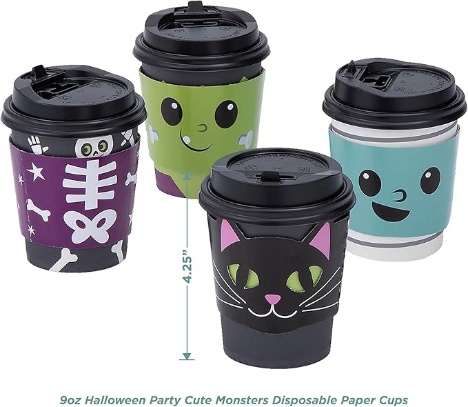 HOME & HOOPLA Halloween Party Cute Monster Disposable Hot Chocolate & Cider Cups With Lids and Scalloped Spider Web Beverage Napkins, 9 Ounce Size (Serves 12)