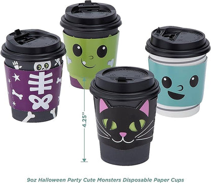 HOME & HOOPLA Halloween Party Cute Monster Disposable Hot Chocolate & Cider Cups With Lids and Scalloped Spider Web Beverage Napkins, 9 Ounce Size (Serves 12)