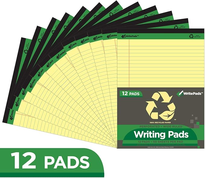KAISA Yellow Legal Pads 12pads Writing Pads Recycled Paper 8.5"x11.75" Wide Ruled Perforated 50 sheets Hard Back Notepads 8-1/2"x 11-3/4" Writing Tablet Canary For Office Supplies (Pack of 12pc) KSU-5668