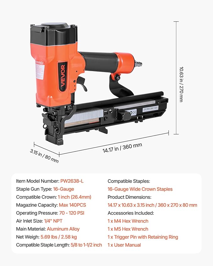 VEVOR Pneumatic Staple Gun, 16 Gauge 1-inch Wide Crown Pneumatic Stapler 5/8" to 1-1/2" Length, 70-120PSI Air Staple Gun with Two Firing Modes for Roof Decking, Wall Sheathing, Fencing, Subflooring