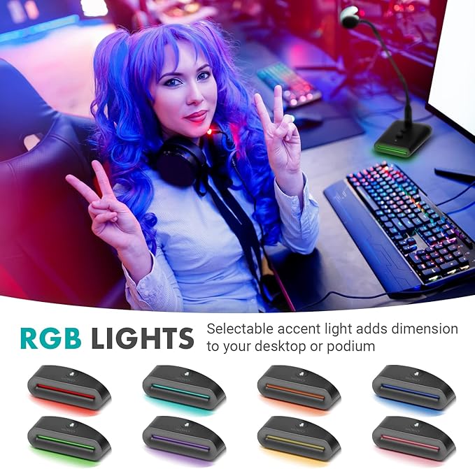 Movo GM-7 Professional 18-inch Gooseneck Microphone and USB Interface Base with RGB Lights, Gain, Mute - Podium Microphone with Stand for Streaming, Meetings, Lectures - USB Mic for Mac and PC