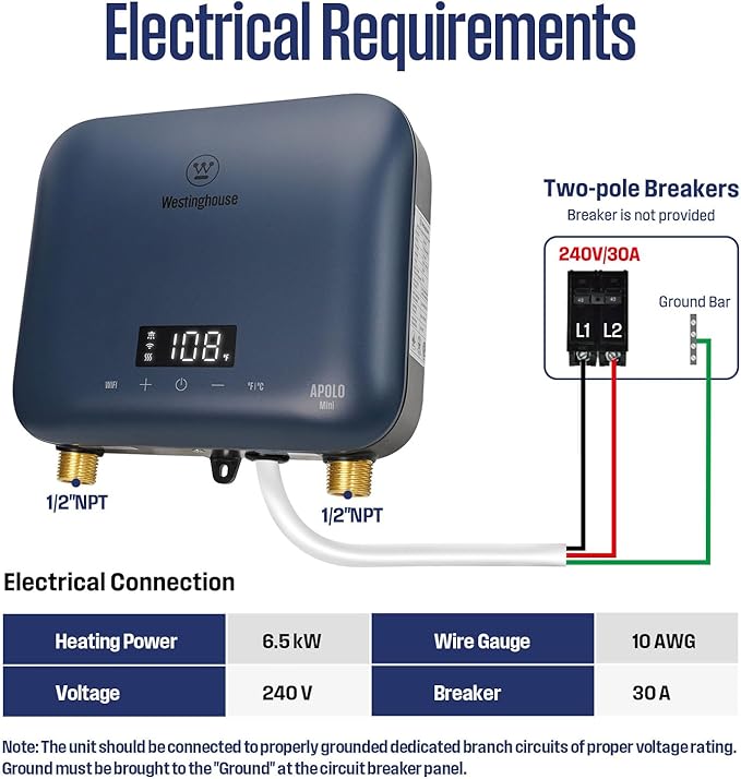 Westinghouse Apolo Mini 6.5kW Tankless Water Heater Electric, 240V Instant Hot Water, Smart WiFi Control, Compatible with Alexa & Google Home, Deep Blue