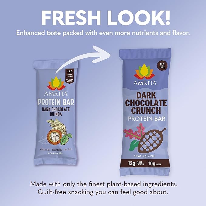 Amrita Nut Free Dark Chocolate Quinoa Vegan Protein Bars (12 Count) | 12g Plant-Based Protein Bar | Peanut Free, Gluten Free, and Dairy Free | Low Sugar, High Fiber, Healthy School-Safe Snacks