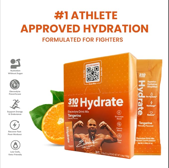 310 Nutrition Sugar Free Electrolytes Powder - Instant Hydration Packets Chris Eubank Jr. Edition - Caffeine-Free Rehydration Drink Mix w/Vitamin, Low Calorie & Keto Friendly - Tangerine 15 Singles