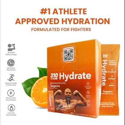 310 Nutrition Sugar Free Electrolytes Powder - Instant Hydration Packets Chris Eubank Jr. Edition - Caffeine-Free Rehydration Drink Mix w/Vitamin, Low Calorie & Keto Friendly - Tangerine 15 Singles