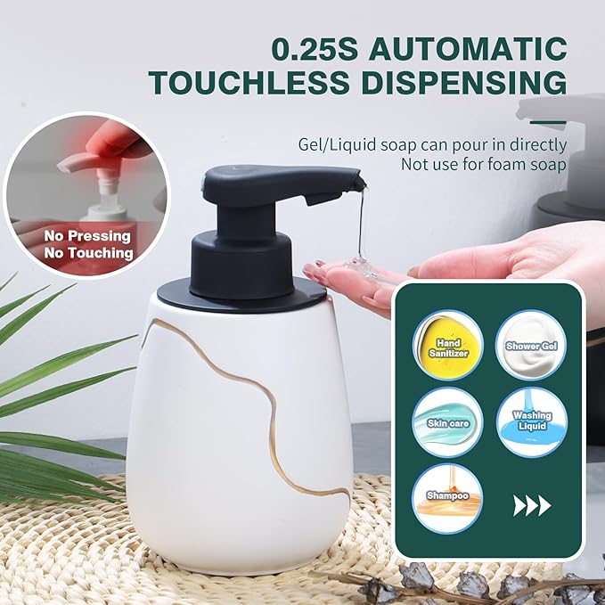 BosilunLife Automatic Soap Dispenser Bathroom - Liquid Hand Free Dispenser Smart Electric Lotion Soap Dispenser Touchless with Waterproof Pump Rechargeable Dish Soap Dispenser Ceramic White, 17oz