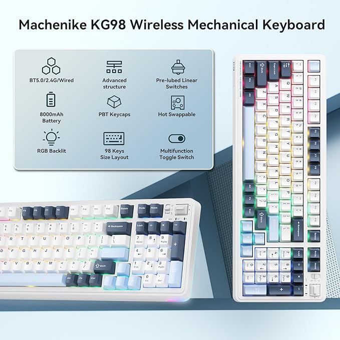 Machenike KG98 Mechanical Keyboard,Hot Swappable Custom Gaming Keyboard,Pre-lubed Linear Switches,RGB Sidelit,Tri-Mode 98 Keys Compact Layout for Gaming/Typing/Win/Mac/PC