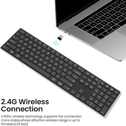 TIETI 2.4G Wireless Bluetooth Keyboard Rechargeable, Stainless Steel Ultra Slim Full Size Keyboard with Numeric Keypad Low Profile Silent Cordless Keyboards for Computer/Mac/Windows
