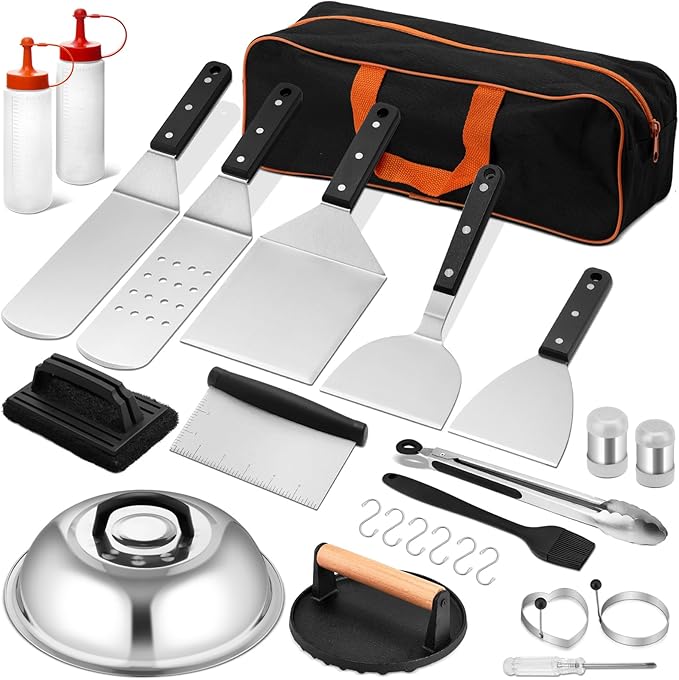 Griddle Accessories Set of 25, Leonyo Grill Accessories for Outdoor, Commercial BBQ Tools Grilling Smash Burger Press Kit with Enlarged Metal Spatulas Scraper for Flat Top Grill, Hibachi, ABS Handle